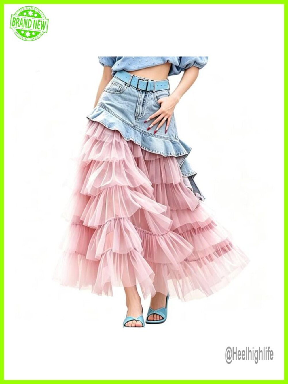 Y2K Denim Tulle Layered Maxi Skirt High Waist A-Line
